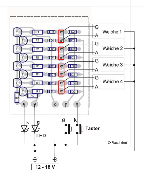 Bestückungsplan: Elektronik der doppelten Gleisverbindung